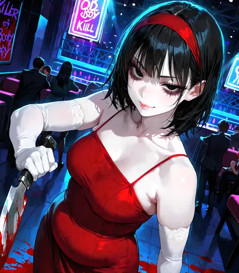 (Masterpiece, best quality), (dynamic pose, solo woman), looking at viewer, (high resolution, high detail), (face focus), pale skin, tight red dress, white arm gloves, holding a singular bloody knife, blood splatter, blood stain, narrowed eyes, serious, ca...