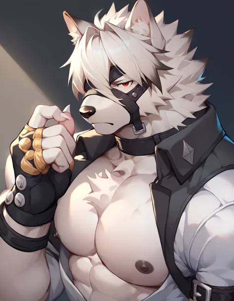 Score_9, Score_8_up, Score_7_up, alone, is from Wolfdog, Werewolf,white fur, muscular, red eyes, Button, Eye mask, One eye covered, pants, Wristband, The best band , bust portrait , Fingernails , fingerless gloves ,Thin,Lie down,Supine, muscular身体, to ...
