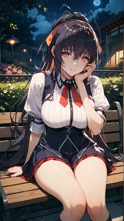 Sexy Akeno Himejima, UHD,  black hair ,  long hair, large breasts,  blackboard with school uniform, in a garden at night,  sitting on a bench , pose sexy,  a hand on her cheek ,