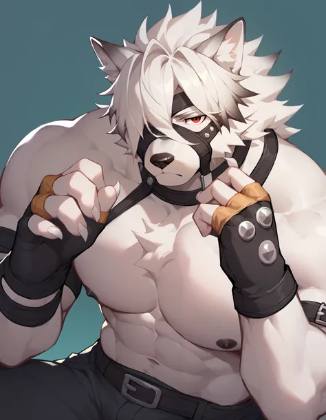 Score_9, Score_8_up, Score_7_up, alone, is from Wolfdog, Werewolf,white fur, muscular, red eyes, Button, Eye mask, One eye covered, pants, Wristband, The best band , bust portrait , Fingernails , fingerless gloves ,Thin,Lie down,Supine, muscular身体, to ...