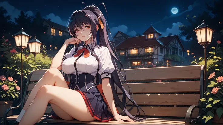 Sexy Akeno Himejima, UHD,  black hair ,  long hair, large breasts,  blackboard with school uniform, in a garden at night,  sitting on a bench , pose sexy,  a hand on her cheek ,