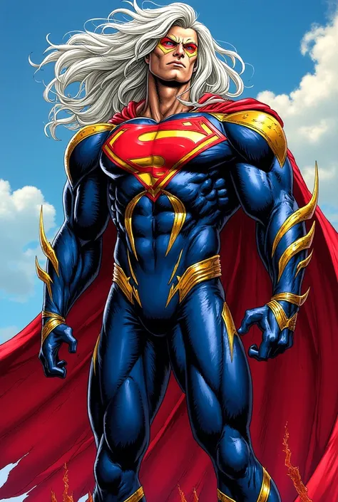 Superman 

Physical Appearance:
	•	Towering and regal physique (muscular like Kenshiro, Broly, and Majestros, but refined).
	•	Long, flowing silver-white hair with golden-red streaks that shimmer with cosmic energy.
	•	Eyes shifting between deep blue, gold...