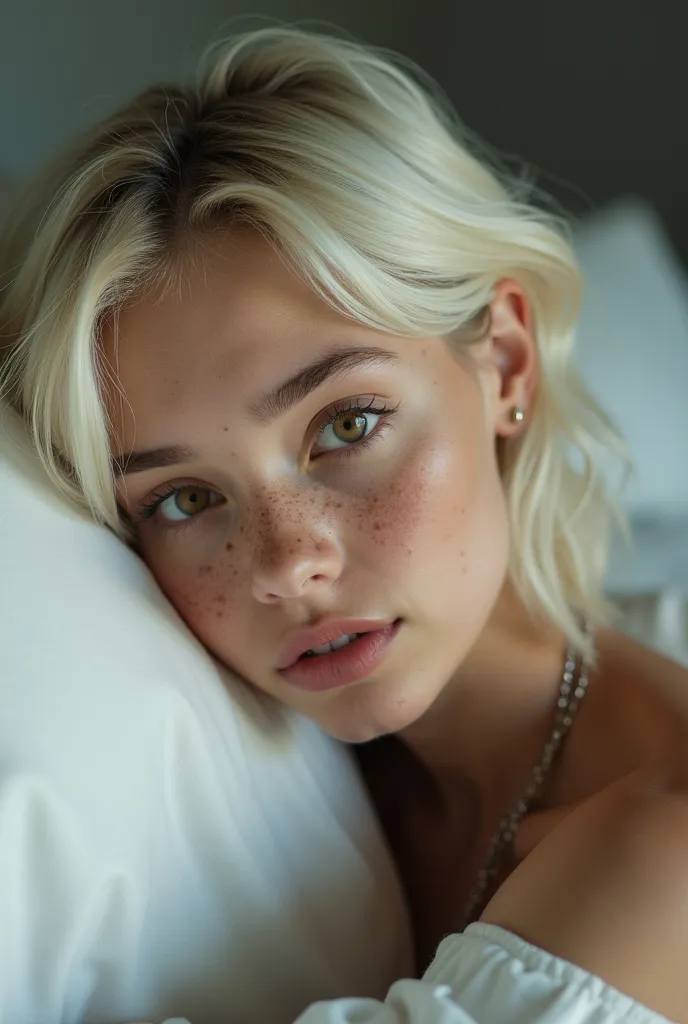 a  girl (petite, skinny, prominent freckles, short platinum blonde hair) is captured in a moment of tranquility. Her head is gently cradled by a soft, white pillow, suggesting a comfortable and peaceful setting. Her eyes, a captivating shade of light brown...