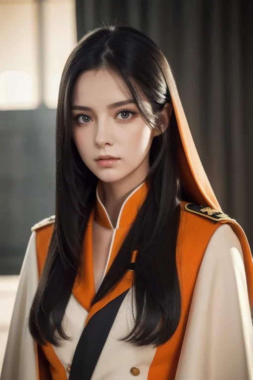  white girl with long black hair is wearing a military uniform,  Orange Cape , Big hazel eyes,  Science Fiction , Dark mood, 