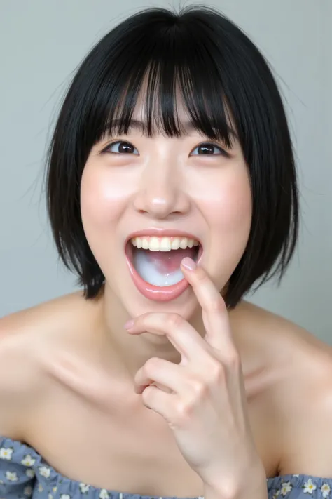 A high resolution photograph of a Japanese young woman in off-shoulder dress, fashion shoot, portrait, upper body, face focus, black hair with bangs, snow-like skin, fine-textured skin, (open mouth wide, white cum in mouth:1.2), fingers brushing own lips, ...