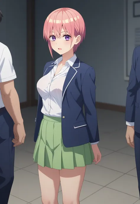 score_9, score_8_ up the side, score_7_ up the side, score_6_ up the side, score_5_ up the side, score_4_ up the side, source_anime, Masterpiece, top quality, 8k,  nakano ichika,short hair,pink hair,shiny hair,eyebrows hidden by hair,hair between eyes,bang...