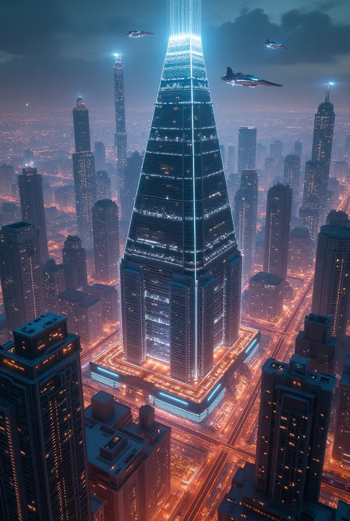 aerial image of an ultra futuristic city center at night with huge buildings with lights in hundreds of apartments in the building, It has a huge, wide pyramid with thousands of apartments between the building-shaped buildings, There are futuristic flying ...