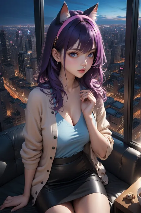 fashion model, at nightpub room with teddy bear doll, purple neon light, night view, skyscraper on background, BREAK, {swept-side bang, dark-blue hair, hairclip, cat ears hairband}, BREAK, ((beige half sleeves cardigan), (light-blue dress top), (black penc...