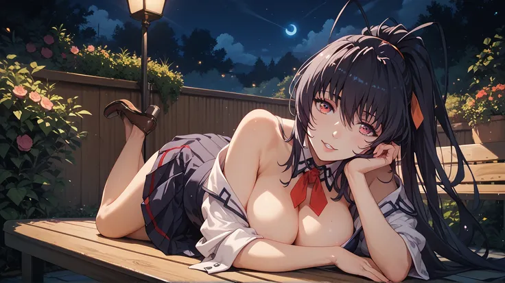 Sexy Akeno Himejima, UHD, black hair,  long hair, large breasts,  blackboard with school uniform, in a garden at night, lying on a bench, pose sexy, 