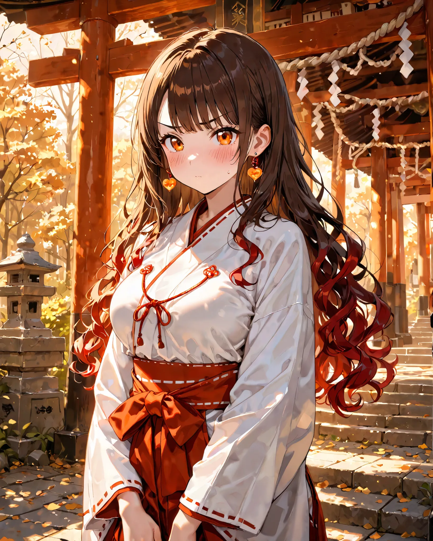 ((solo)), very cute face, cute girl, solo, long hair, wavy hair, ((brown hair with red ends)), bangs, v_shaped eyebrows, orange eyes, medium breasts, heart pierce earring, blush, slender beauty, miko clothes outfit, flawless smooth skin, cowboy shot, outdo...