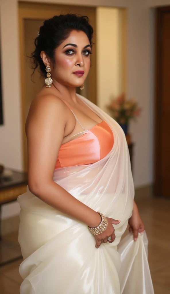 54 year old indian married women looking at the viewer, wearing shiny glossy and reflective finish polyester milf size transparent white silk transparent dress and transparent orange silk bra , big  ass,wide hips,Big thighs, swopped Big breast, curvy Body,...