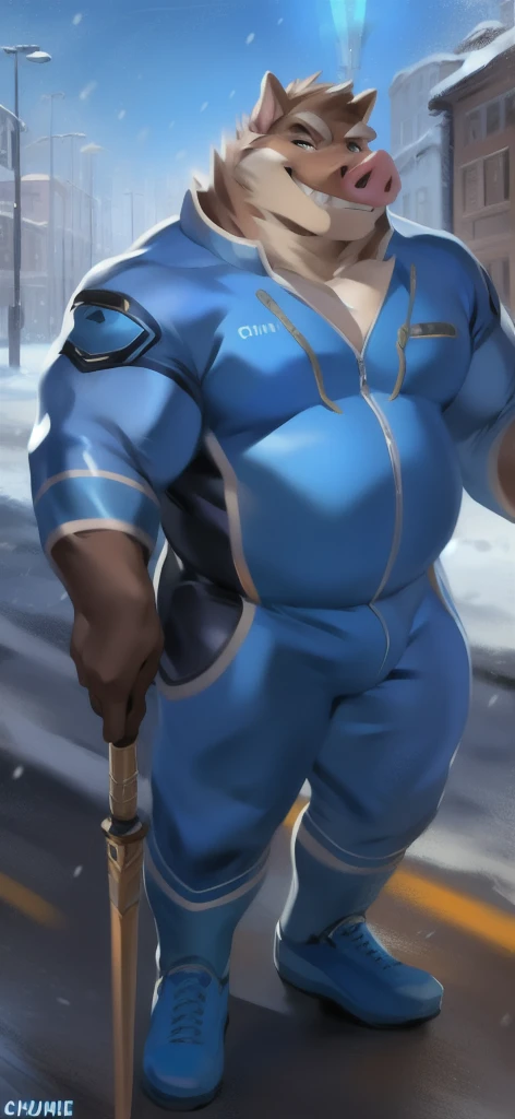 alone , Male tall , stand, road,Pig Crocodile , Blue Military Spacesuit,Holding a magical staff of Snowstorm element, Overweight , strapped muscles , Smirk, by chunie