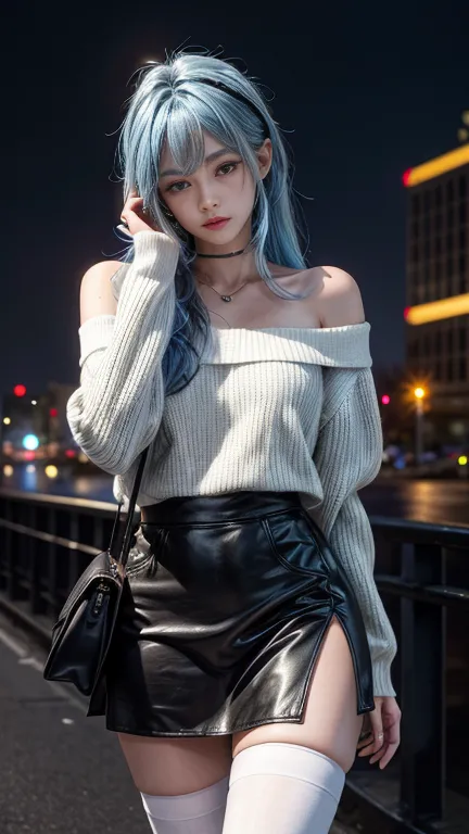  Unreal Engine :1.4,UHD, Night Light:1.4,  photorealistic :1.4, Skin Texture:1.4,  Masterpiece:1.8, Masterpiece,1 girl,only, long hair,Blue hair, Hooded Sweater,Off shoulder:1.2, Gorra de la Mafia, road,mini skirt, White stockings underwear, cyberpuk detai...