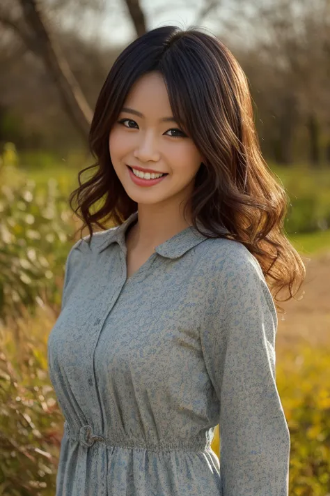 hyper-realistic Japanese woman, natural standing pose, smiling gently, casual clothing, cute face, soft wavy hair with natural shine, slightly larger and expressive eyes, highly detailed and natural skin texture, realistic facial expression, full body shot...