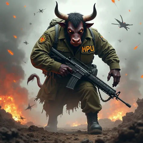 General Cow Devil wears a military uniform with HPU written on it and fights on a chaotic battlefield with a submachine gun