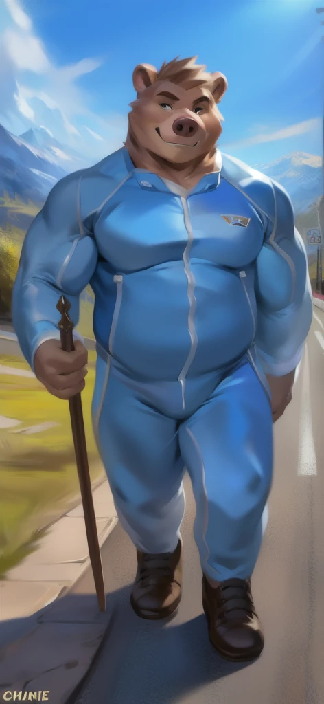 alone , Male tall , stand, road,Pig bear , Blue Military Spacesuit,Holding a magical staff of Water pink ice element, Overweight , strapped muscles , Smirk, by chunie