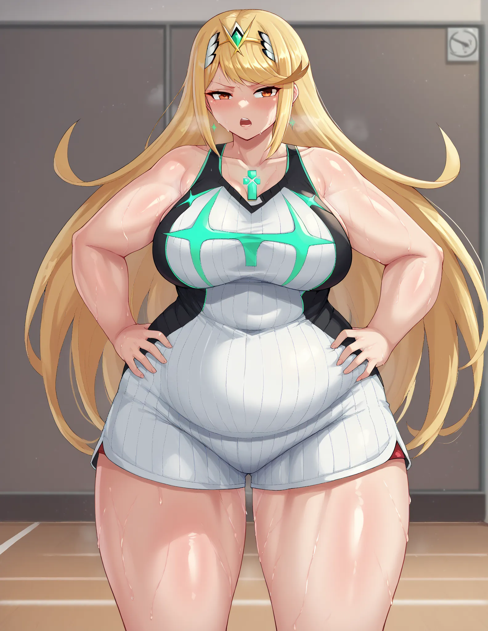 score_9, score_8_up, score_7_up, BREAK, 1girl, solo, mythra \(xenoblade\), xenoblade chronicles \(series\), tiara, solo, red eyes, 1girl, solo, jewelry, blonde hair, long hair, makeup, casual, cowboy shot, looking at the viewer, large breasts, hand on hips...