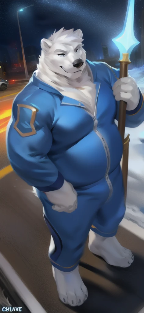 alone , Male tall , stand, road,Polar bear , Blue Military Spacesuit,Holding a magical staff of Snowstorm element, Overweight , strapped muscles , Smirk, by chunie