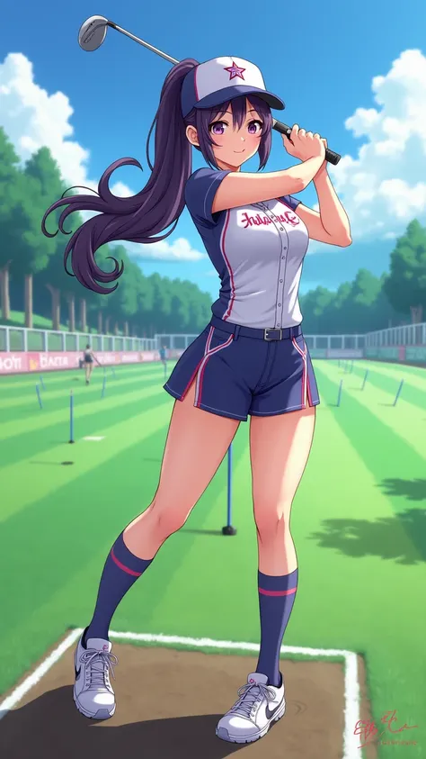 Japanese anime style、 High School Girl 、baseball tight uniform、  Baseball Cap  、Dark Purple Long Hair、single ponytail、  purple pupil、skirt、 Chest plump、driving range