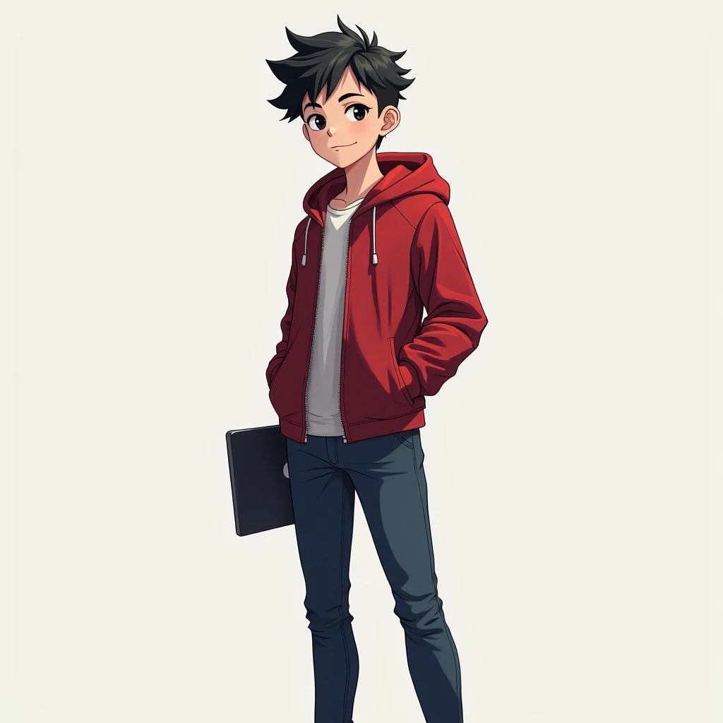 Generate an 18-year-old standing / cybersecurity student with his red hood and laptop / with casual clothes with hairstyle tapper fade black hair black eyes anime style / 