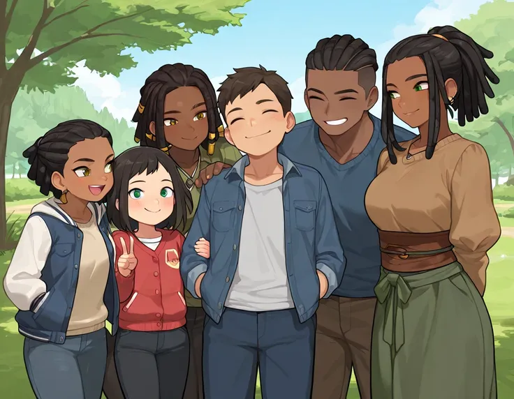 best quality, high-res, 3 boys, 3 girls, dreadlocks, dark skin, dark-skinned females and males, modern clothes, family, outside