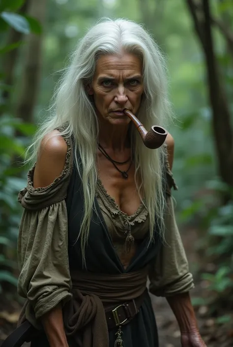  Brunette woman, 80 years.  white hair, long, Smooth and shaggy, Falling on the face.  eyes yellow, owl eyes . angry look. She wears women's clothing from the 17th century, dirty and ragged. walk barefoot. Hands have claws. Smoky clay pipe, in the mouth. l...