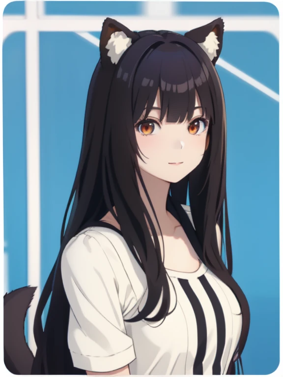 high quality. She wears a cute costume with super ultra straight long hair and natural bangs. A girl with bright hair. beautiful background. Anime face. smooth straight hair. young face. A girl with a fluffy tail and animal ears.