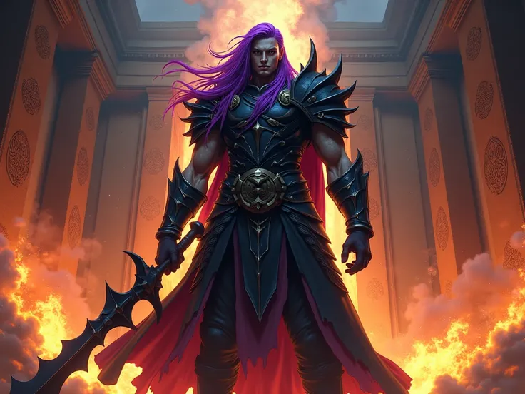 Purple-haired villainous warrior man in the burning throne room medieval anime style