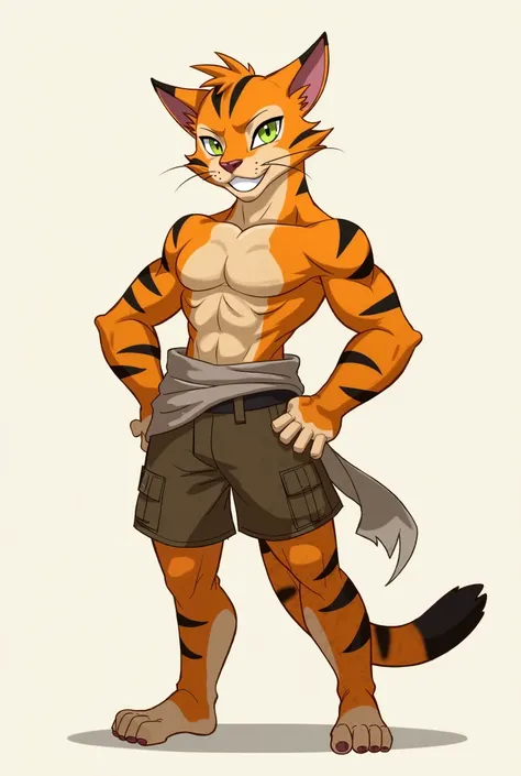 . **Misho  (A wild cat with a human body)**:
   - **Appearance**: has a muscular human body with a wild cat head. He has orange fur with black stripes, and bright yellow or green eyes. has pointed ears and a long tail. He wears a simple costume that suits ...