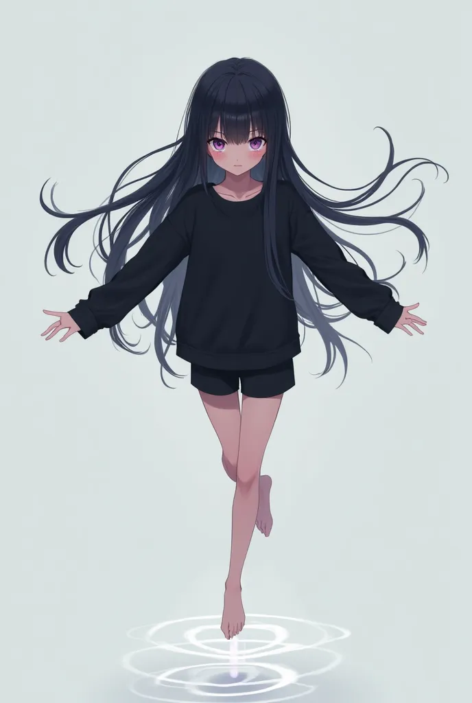 Anime girl with long straight black hair with fringes dark purple eyes dressed in a long sleeve black t-shirt and black shorts she is flying about to touch the ground 