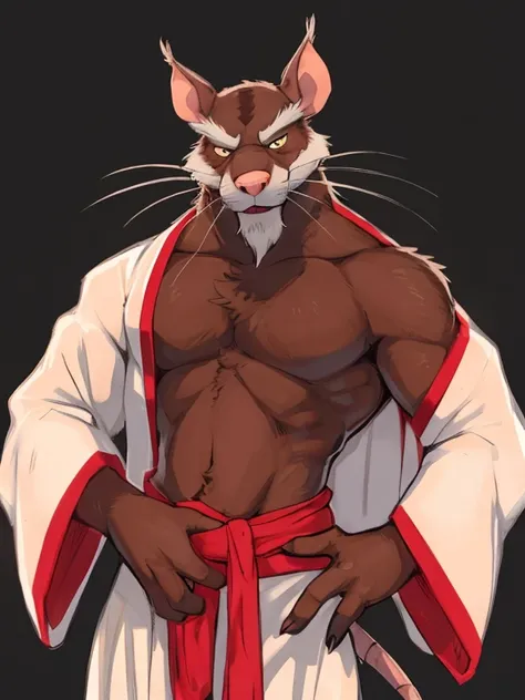 (by zackary911, anime, soft hatching) anthropomorphic, solo, human anatomy, adult, tall, mature, anthro, (muscular, buff, fit body, biceps, pecs, bara, daddy, dilf), (Splinter (TMNT), Master Splinter, rat tail, brown body, brown fur, white chest tuft), (re...