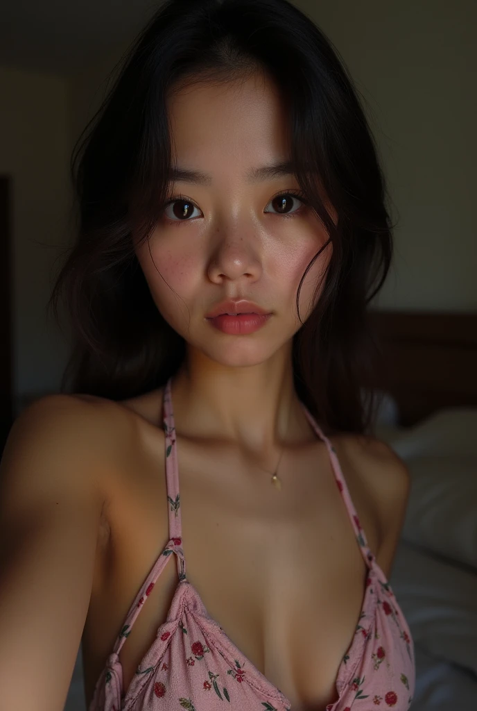 A 15 y.o Natural Spanish busty Young girl with, Pale white skin, Blemishes and moles, straight hair,Middle, With Halter top and Pajamas, Aitana taking a casual selfie. (Casual Selfie characteristics: grainy, low quality, Low lighting, dark, Raw, blur, real...