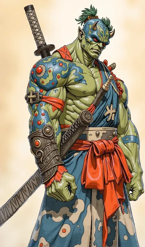 Create a bold line vector illustration of A powerful and muscular fantasy warrior with green skin and intricate blue tattoos, exuding strength and determination. He wears a traditional robe in vibrant colors, adorned with elaborate designs, and a red sash ...