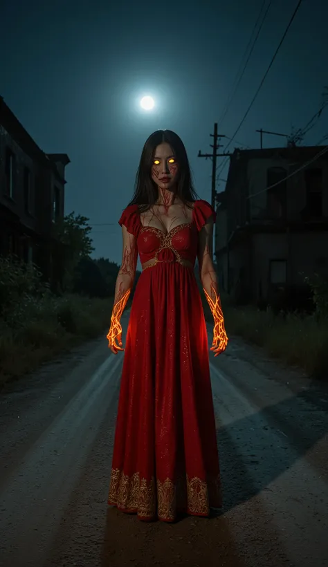 A terrifying witch stands in the middle of a dark, abandoned dirt road under the eerie glow of the moon. She wears a flowing red dress with intricate golden borders, shimmering subtly in the dim light. Her piercing yellow eyes glow ominously, radiating an ...