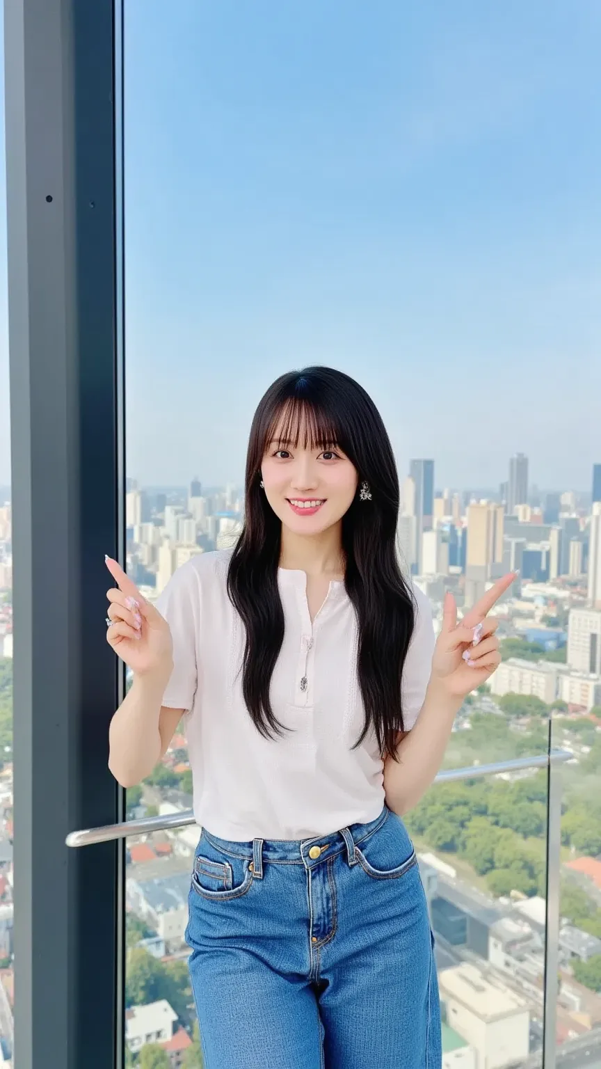 A young Japanese woman with shoulder-length black hair, smiling and making a peace sign with her right hand, standing at an observation deck with a scenic cityscape in the background, looking directly at the camera. Bright and sunny weather, clear blue sky...