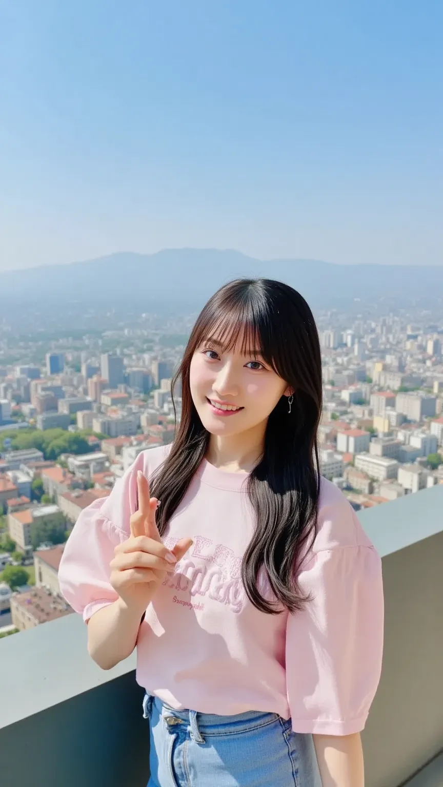 A young Japanese woman with shoulder-length black hair, smiling and making a peace sign with her right hand, standing at an observation deck with a scenic cityscape in the background, looking directly at the camera. Bright and sunny weather, clear blue sky...