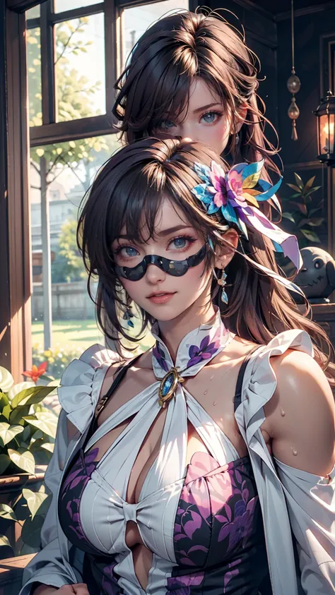 (( custom eye mask)), ((Patterned mask)), ((patterned Eye Mask)), string hair ribbon,  purple hair, (( by Nomi)), (( photorealism)), ((photo by Nomi)), (( cosplay)), ((Real Life)), 1 girl, Alone,   black hair,  multicolor hair, ,  fur trim, fur-trimmed  co...