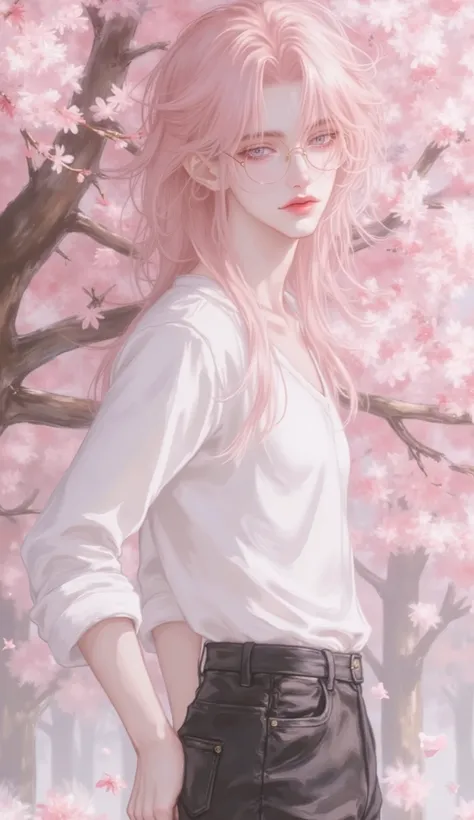 There is a beautiful man. He's standing under a cherry blossom tree. His hair style is shoulder-length. His hair color is light pink. His eyes are light blue. His style of clothing is like that of a muppet. He's basking in the sun. His vibe is warm. The we...