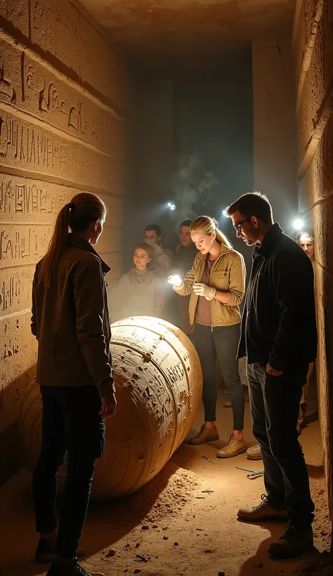 High-resolution image of an underground archaeological dig site illuminated by flashlights. A group of modern archaeologists, wearing khaki jackets, black cargo pants, and excavation gloves, gather around a massive, dust-covered sarcophagus. The lead scien...