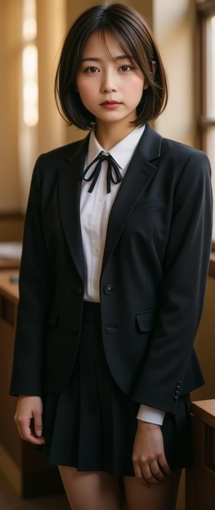  Dramatic Scenes , shadow, Global Illumination, Alone,  retro female student photo :1.331,  by Nomi, Beautiful Japanese woman's face,  in a high school classroom:1.5,  Standing Shyly :1.331,  front view :1.331, 非常に by Nomiな写真,  super real, photorealistic, ...