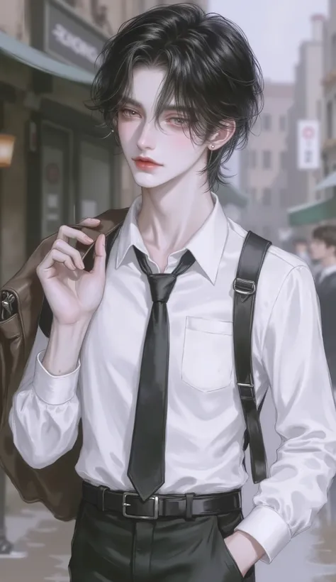  There is a beautiful man . his hair and eyes are black. He's wearing a white shirt and tie. He's wearing black pants. He is carrying a bag. The camera is taking a picture of him from the side. His expression is expressionless . The weather is fine. His vi...