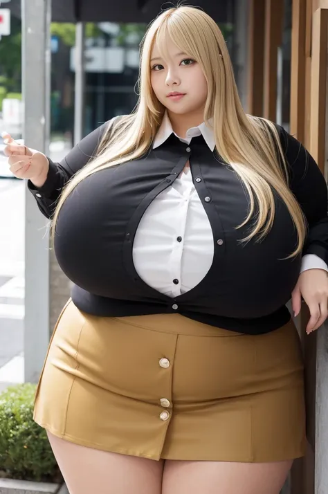 I had long blond hair、 1girl , beautiful chubby girl wearing blouse and tight skirt, gigantic breasts, thick thighs,  high school girl,  sexy, lure,  looking at camera, shirt button gap, tokyo city, (cleavage:0.5), 