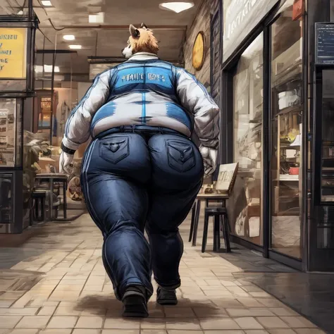 1 adult, male puma, he's fat, has a massive butt (bigger), fat arms and legs, is wearing a security uniform, pants, the puma is standing inside of a coffee store, is walking