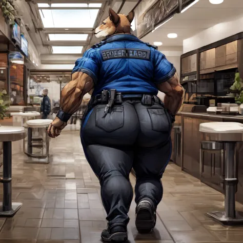 1 adult, male puma, he's fat, has a massive butt (bigger), fat arms and legs, is wearing a security uniform, pants, the puma is standing inside of a coffee store, is walking