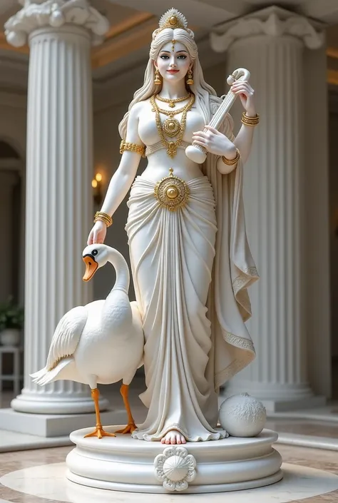 white marble statue of goddess Saraswati wearing a saree and golden ornaments with her swan and veena in the greek renaissance stule