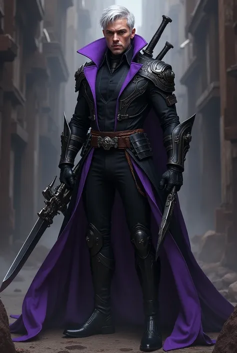 A skilled hero that dresses in black and purple suit with different weapons of choosing