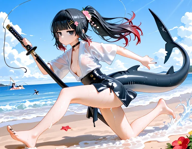 1girl, black eyes, jitome(0.5), Black Hair, red Gradient Hair, blunt bangs, hime cut, ponytail, black shark tail, small Breast, police, high-waist, Side slit skirt, Choker, bare legs, foot, toenails, nail polish, black nails, dynamic view, masterpiece, bes...