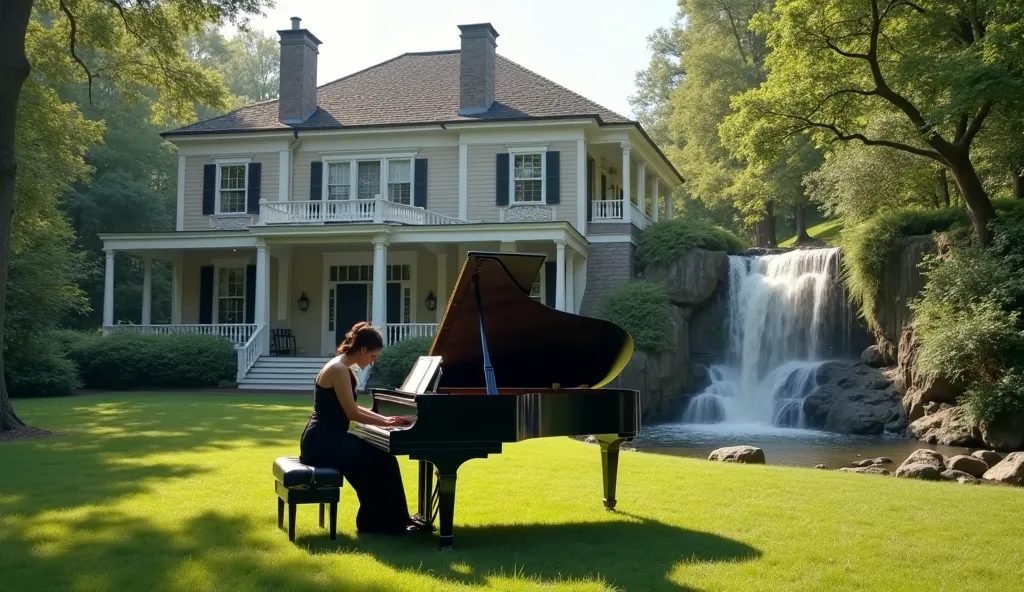 video of a  playing in front of a classic house while a waterfall flows beside it. with 4k video quality