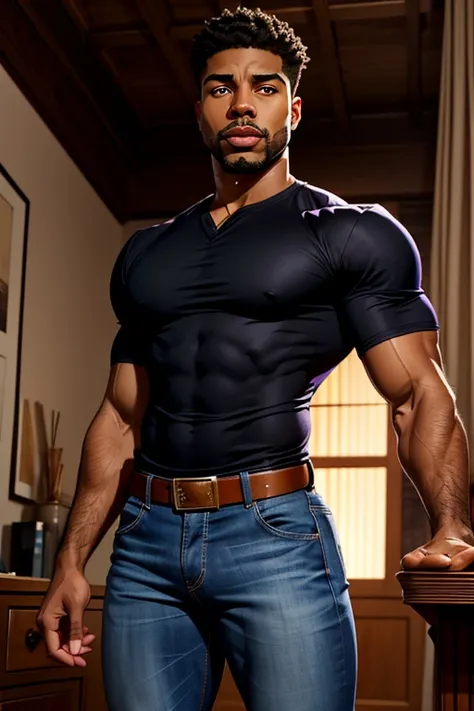 A handsome pleasant-faced and clean-shaven African American male. His facial features are a combo of Michael B. Jordan + Brandon P. Bell. He is college-aged. He sports shaved black hair. He wears a purple-and-black shirt and jeans. He looks regal yet humbl...