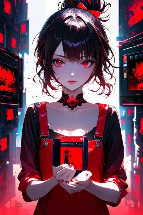 "Create an 8K ultra-realistic image of a cute but psychopathic young girl, approximately 7 to , holding a pistol in her hands. She has striking red eyes with an unsettling expression, conveying a sense of eeriness. The girl has short hair tied up, with bri...